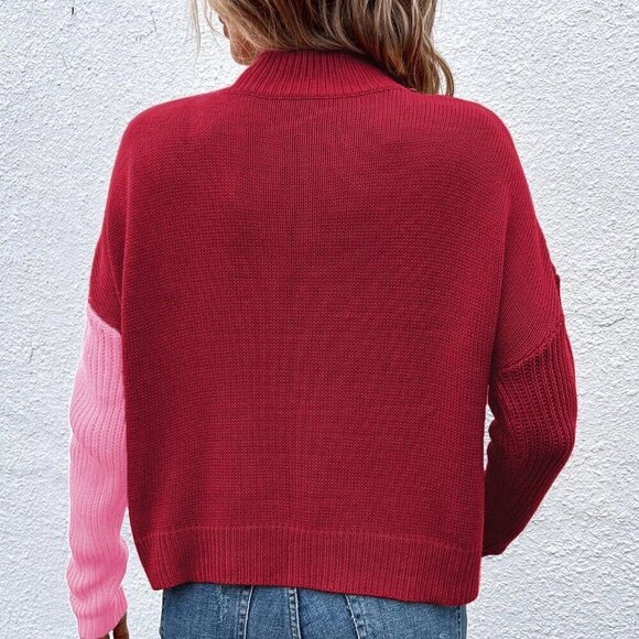 Multicolor Casual Women's Color Block Stand Collar Wrap Sweater - Picture 3 of 6